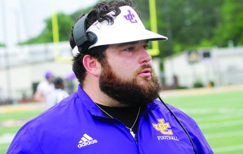 River Vaughn looks on from the sidelines during the Greyhounds’ J-Day scrimmage last month. BRAD HARRISON/Staff