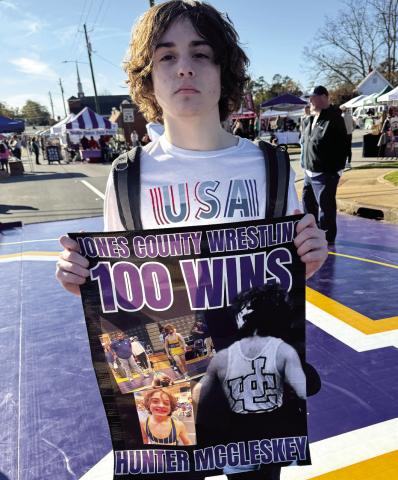 Greyhounds wrestler Hunter McCleskey hit the century mark last week, winning his 100th career match as a Jones County wrestler during a tournament held at Archer High School. McCleskey has qualified for the GHSA state traditional tournament multiple times and also helped JCHS to a fifth-place finish in last year’s state duals. BRAD HARRISON/Staff