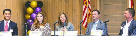 Pictured are, from left, Steve Jahng of SK Battery America; Tracy Fordham of Qarbon Aerospace; Ashley Campbell of Robins Air Force Base; Tyson Firlotte of Irving Consumer Products; and Stephen Adams of Macon-Bibb County Industrial Authority. COURTESY OF THE LT. GOVERNOR’S PRESS OFFICE