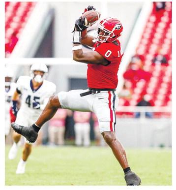 Georgia tight end Darnell Washington (0) had two catches for 33 yards against Samford at Sanford Stadium in Athens Saturday.  ADAM WALSH/UGA 