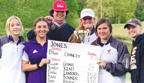 The Lady Greyhounds, as well as Ethan Chancey, pose after qualifying to compete in next month’s state tournament. CONTRIBUTED