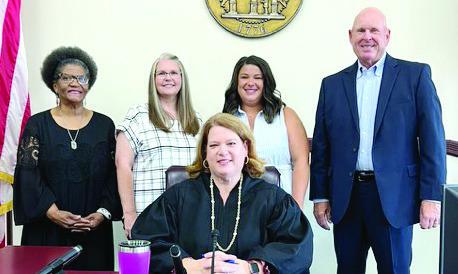 Ocmulgee Court Appointed Special Advocates (CASA) recently swore in four new volunteers. These dedicated individuals will serve as the voice for children experiencing foster care and will advocate for their best interest in court. Pictured with Juvenile Court Judge Kelli Rutherford (L-R): Annette Howard (serving Jasper County), Shannon Cagle (serving Morgan County), Abby VanGorder (serving Jasper County) and Chuck Gilkison (serving Greene County). CONTRIBUTED