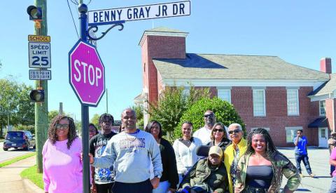 Family and friends of the late Benny Gray Jr., who served 35 years on Gray’s City Council, celebrate the dedication. DEBBIE LURIE-SMITH/Staff