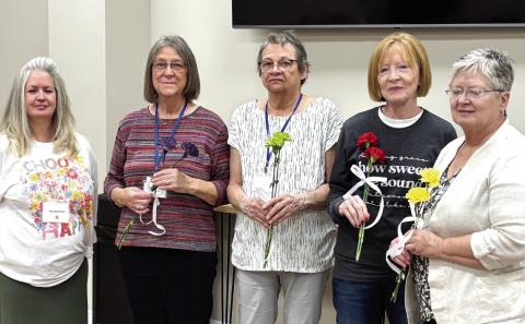 Members of Gray Garden Club gathered Feb. 4 at Bradley Baptist Church to install officers for the coming year. The ceremony was conducted by outgoing president Vicki Bilderback, who presented the new officers (l-r) President Kay Cummings, Vice President Betty Hotchkiss (not shown), Secretary Ruth Hartzog, Parliamentarian Faith Kildow and Treasurer Doris Thompson. CONTRIBUTED