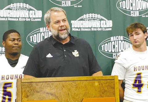 Jones County head coach Mike Chastain shares his thoughts on the Northside game during Monday’s gathering of media and other guests at Mercer University. BRAD HARRISON/Staff