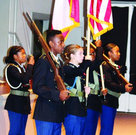 Jones County High School JROTC cadets present the colors at the Nov. 11 event. BRANDY ROUND/Contributed