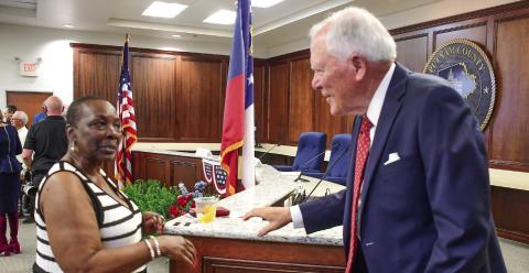 Eatonton First Lady Janie Reid, wife of Mayor John Reid, shared a moment with former Georgia Governor Nathan Deal at the conclusion of Saturday night’s “Voices and Votes” discussion in the meeting room of the Putnam County Annex.