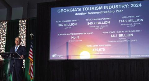 Gov. Brian Kemp speaks at the Georgia Governor’s Tourism Conference in Savannah on Friday, Sept. 26. Contributed/Explore Georgia