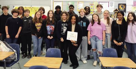 JCSS 2025 Teacher of the Year Charm Mapp and her CRMS class after finding out she is a finalist for the state title. CONTRIBUTED