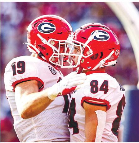Georgia tight end Brock Bowers (19) and wide receiver Ladd McConkey (84) will be looked upon to get the offense back on track after three sluggish starts. ADAM WALSH/UGA Athletics
