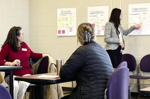 Giulianna Oliff goes over information on charts in a SWOT Analysis, looking at strengths, weaknesses, opportunities and threats in the program. DEBBIE LURIE-SMITH/Staff