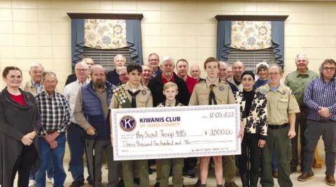 Kiwanis President Durrett Childs presented Scout Troop 485 with $3,500.00 which represents part of the proceeds from the Francis Golson Memorial Golf Tournament. The remaining proceeds will be given to the Eston Altman Scouting Center in Gray. Mr. Golson and Mr. Altman were both longtime members of Jones County Kiwanis club. Accepting the gift for Troop 485 are, left to right, scouts, Josh Dreher, Christian Spires, and Tommy Dorety, and Scoutmaster, Max Wood.
