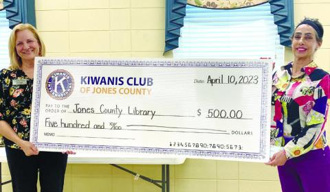 The Kiwanis Club donated $500 to the Jones County Library to use for children’s programs. Julie King received the gift for the library from Kiwanis President, Durrett Childs. Ms. King spoke to the club about the many activities available at the library for children and adults. Kiwanis annually supports various programs benefiting children in the community