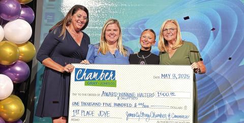 Alexa Williams (third from left), owner of Winning Halters, won the first-place prize at the final competition for Jones County Entrepreneurs May 8. The prize included a big $1,500 check. DEBBIE LURIE-SMITH/Staff
