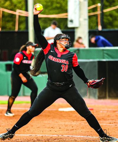 Destin Howard pitches during a game against Emmanuel University at Turner Softball Stadium Oct. 18, 2023. Kari Hodges/UGAAA
