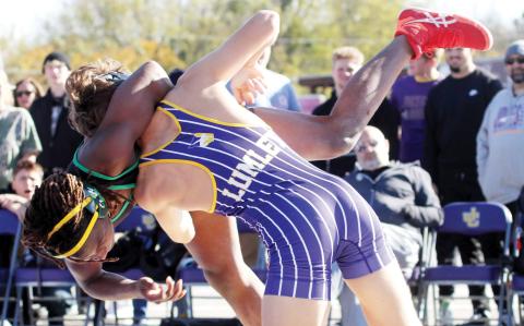 Shooter Lumley powers his Dublin opponent down to the mat during Saturday’s outdoor Main Street Dual. BRAD HARRISON/Staff